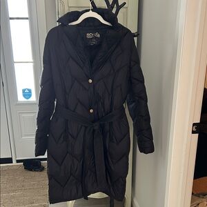 Michael Kors Black Quilted Belted Puffer Coat with Hood